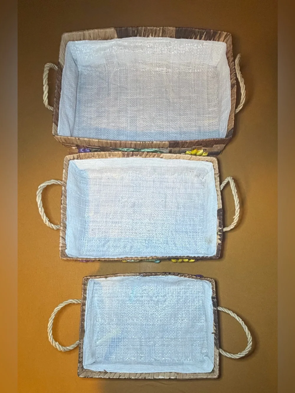 Vtg 70s Raffia Fruit Casserole Baskets Set of 3 Philippines Boho